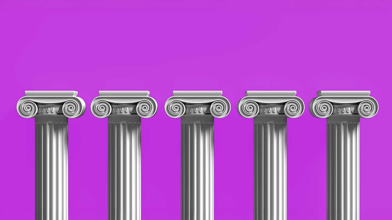 Five architectural pillars on a purple background representing the core foundations or key principles of quality.