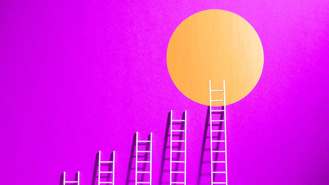 Five ladders on a purple background representing progress and success, with the longest ladder reaching a gold goal or sun.