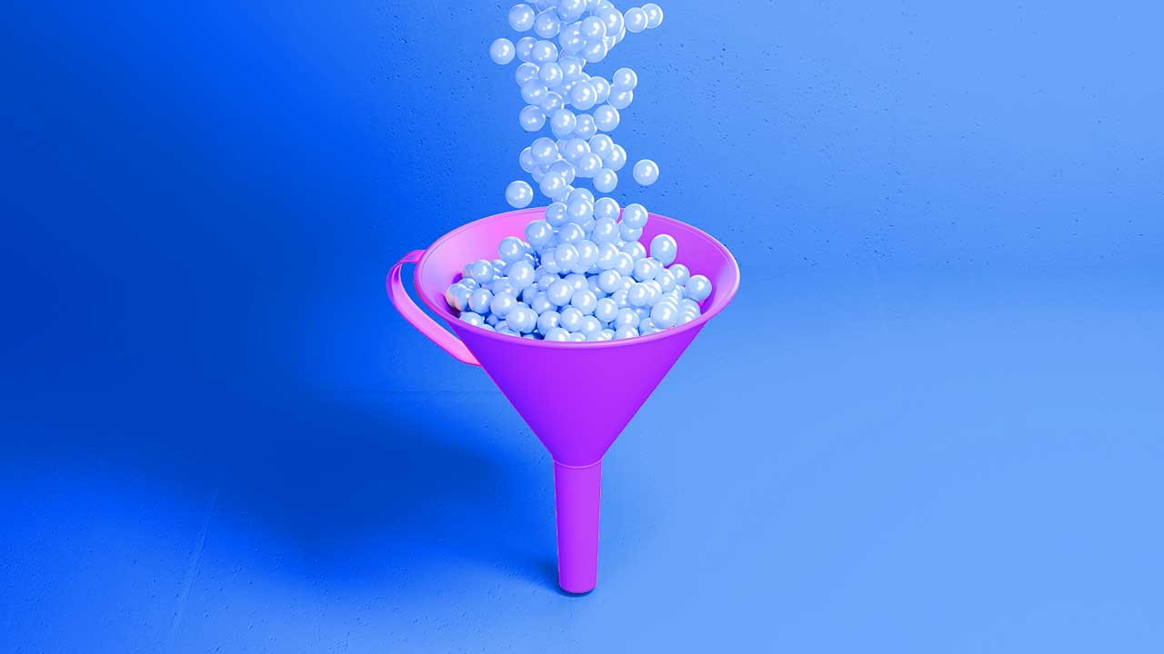 A purple marketing funnel against a blue background, showing white spheres being processed to symbolize lead generation, customer conversion, and successful business outcomes.