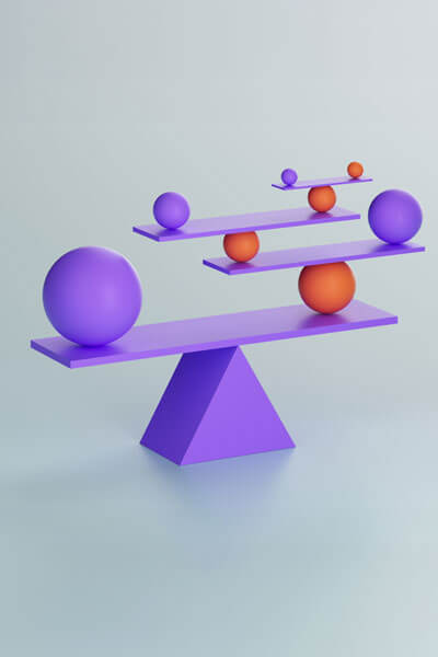 A complex, precise balancing of multiple purple seesaws and various sized purple and orange spheres against a grey background, symbolizing advanced sample weighting and mitigation of sampling bias in market research data.