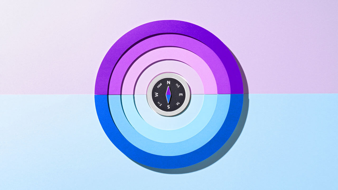 A central compass resting inside a multi-layered target of purple and blue concentric circles, representing the "North Star" measurement goal as a focal point for precision and strategy.