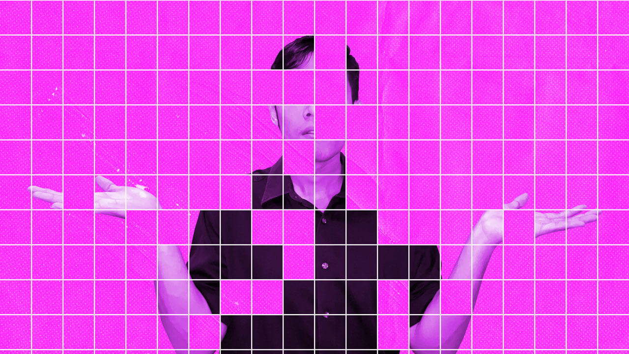 A mosaic portrait of a man shrugging on a magenta grid, representing the complex generation of synthetic data to accurately model human uncertainty and behavioral variance for predictive analytics.