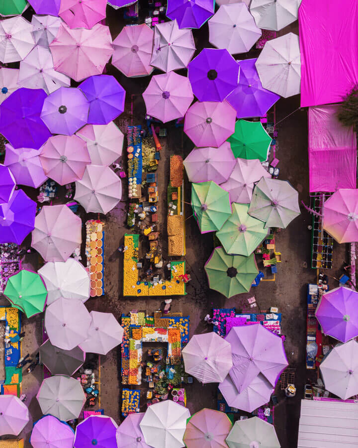 Top-down perspective of a vibrant market with purple, pink, and green umbrellas. The clear organization of the goods and stalls below serves as a metaphor for the rigorous screening and quality checks used to ensure respondent accuracy in a research marketplace.