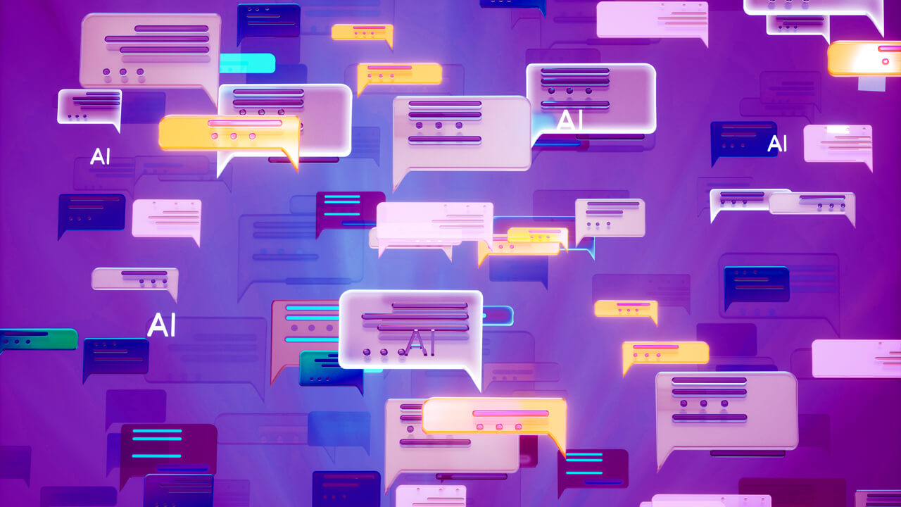 A floating pattern of 3D conversational speech bubbles labeled with "AI," illustrating how AI-moderated interviews combine quantitative survey scale with qualitative depth for modern market research.