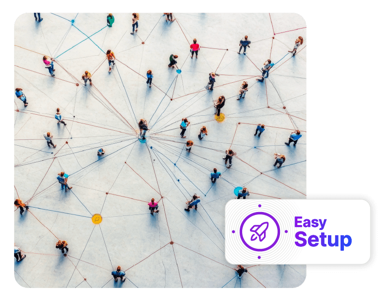 The dashboard indicator for step one of community management setup, featuring an "Easy Setup" callout card over an abstract network map of interconnected community members.