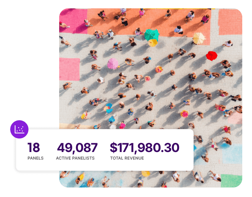 A platform interface metric card showing data for panels, active panelists, and total revenue. The card is superimposed over a high-angle, bird's-eye view photograph of a diverse crowd strolling on bright, multi-colored pavement tiles.