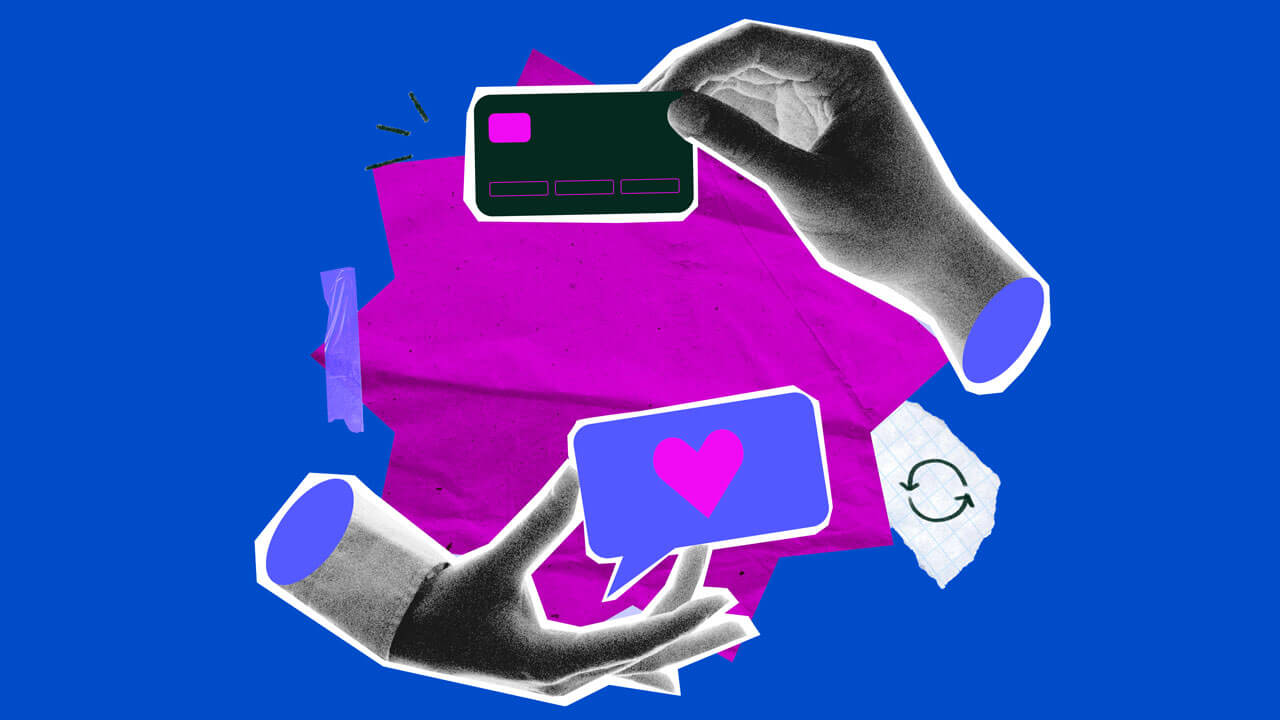 A retro-style digital collage with a blue backdrop. A large, jagged magenta paper cutout sits in the center, flanked by black-and-white illustrated hands. The top hand holds a minimalist dark credit card, while the bottom hand catches a blue speech bubble containing a pink heart. Scrapbook elements like tape and a recycling icon appear on the sides.