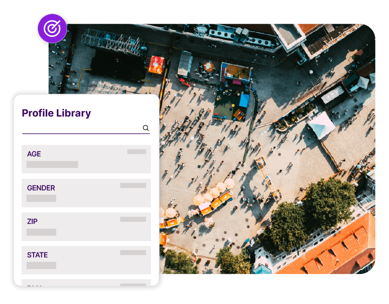 A dashboard panel showing demographic target categories like age, gender, ZIP code, and state, overlaid on an aerial background photo of a marketplace plaza filled with people.