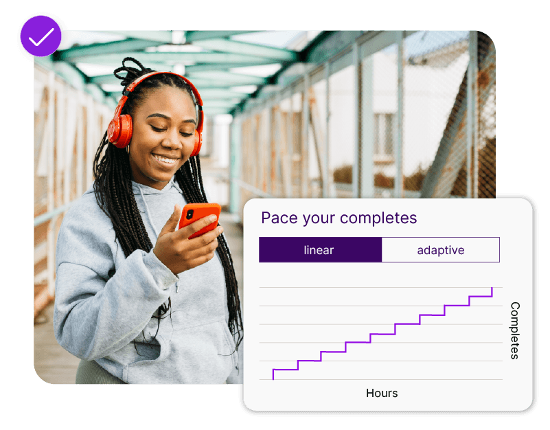 A dashboard panel titled "Pace your completes" with linear and adaptive settings and a step chart graph, overlaid on a background photo of a smiling woman with red headphones looking at her smartphone.