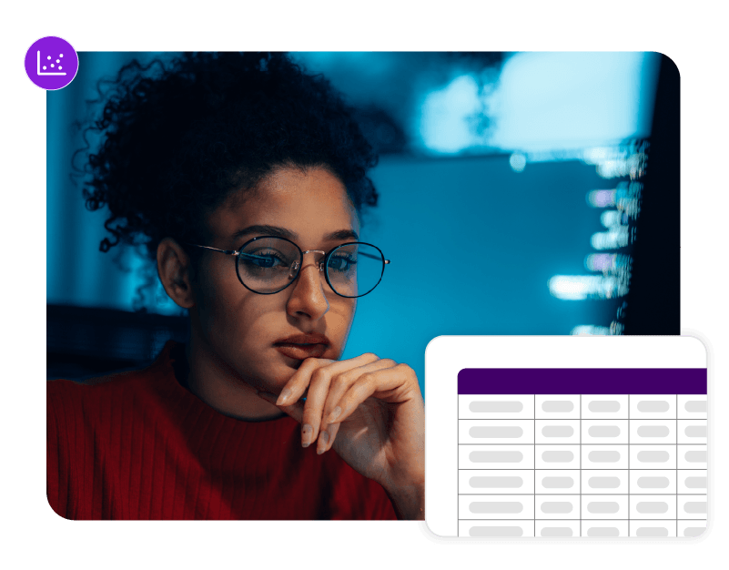 A dashboard panel displaying a data grid table layout, overlaid on a background photo of a focused woman with glasses looking at a glowing computer monitor.