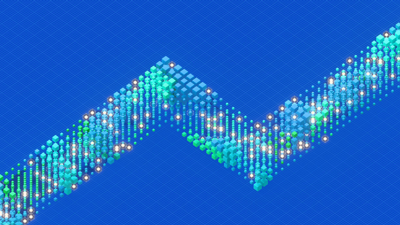 A high-angle geometric digital render of a zig-zagging line path constructed from thousands of tiny blue and green pixel cubes. Faint white sparkles accent the structures over a technical blue blueprint canvas.