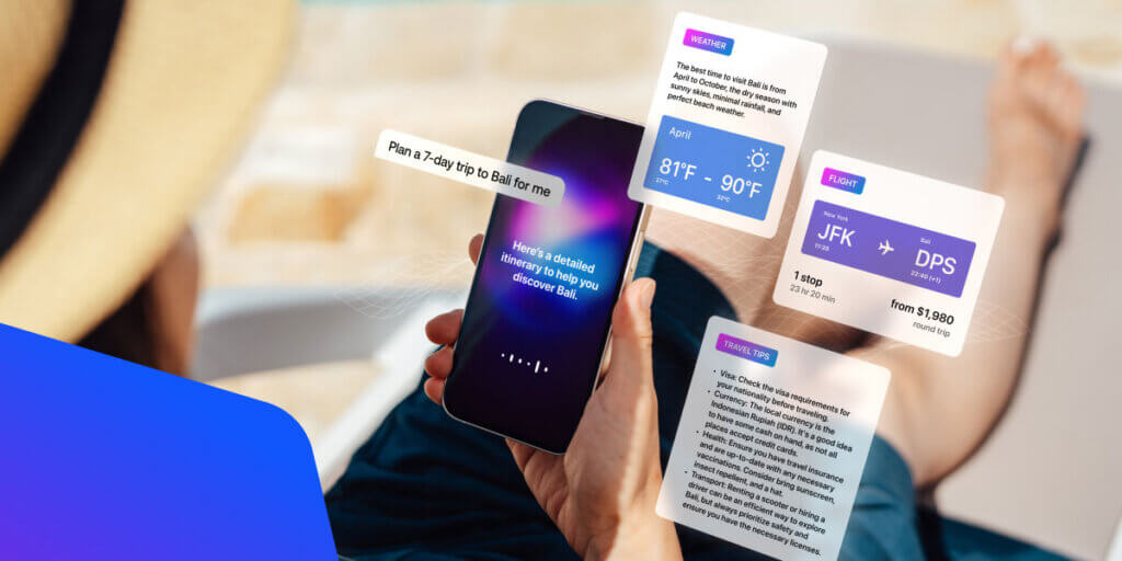 An over-the-shoulder view of a person relaxing on a beach lounge chair, holding a smartphone showing an AI assistant interface. A prompt reads "Plan a 7-day trip to Bali for me," with floating digital cards surrounding the device displaying generated trip results: a weather card showing April temperatures of 81°F to 90°F, a flight card from JFK to DPS starting at $1,980, and a travel tips card detailing visa, currency, and transportation advice.