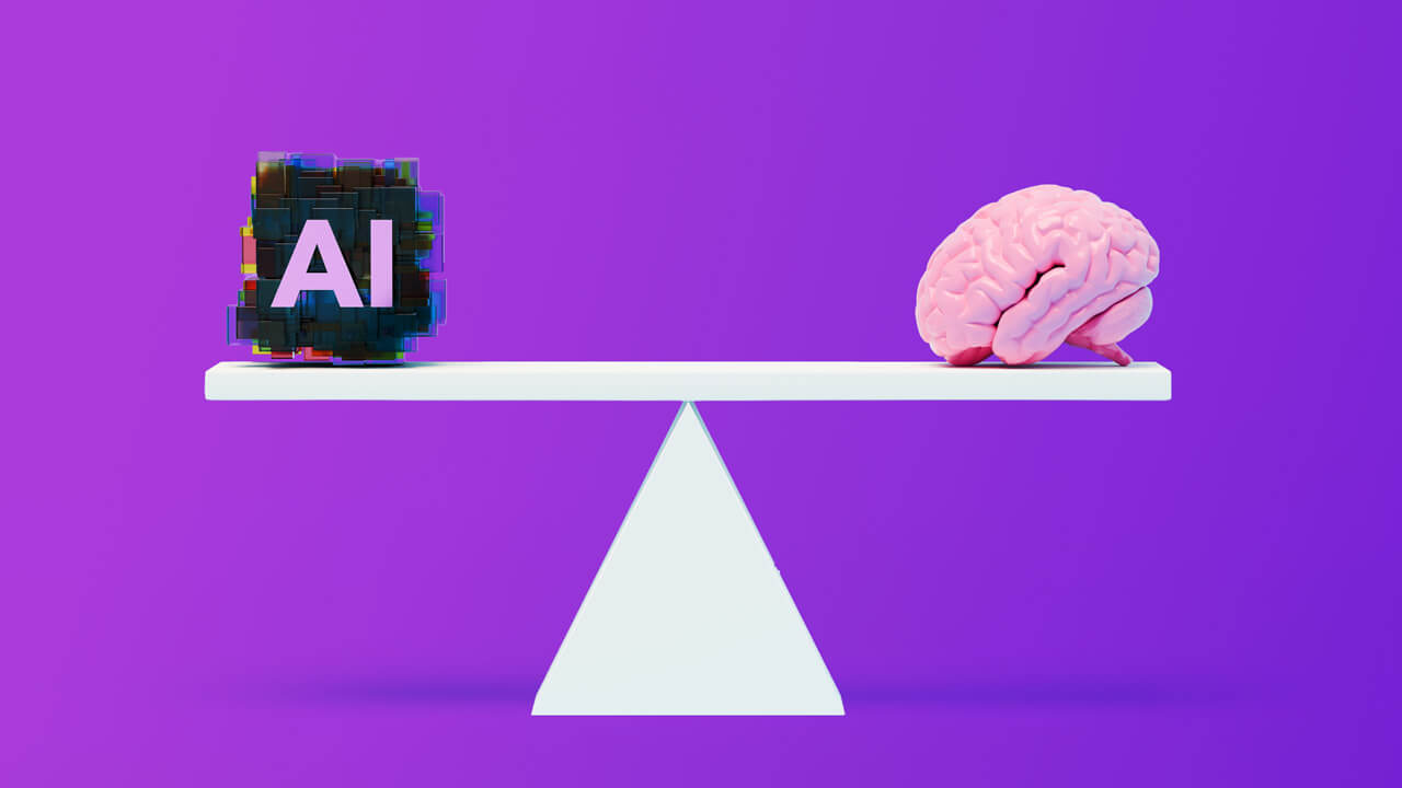 Cover illustration for a Cint blog post about market research integrity, featuring a balanced seesaw with a digital AI block on one side and a human brain on the other.