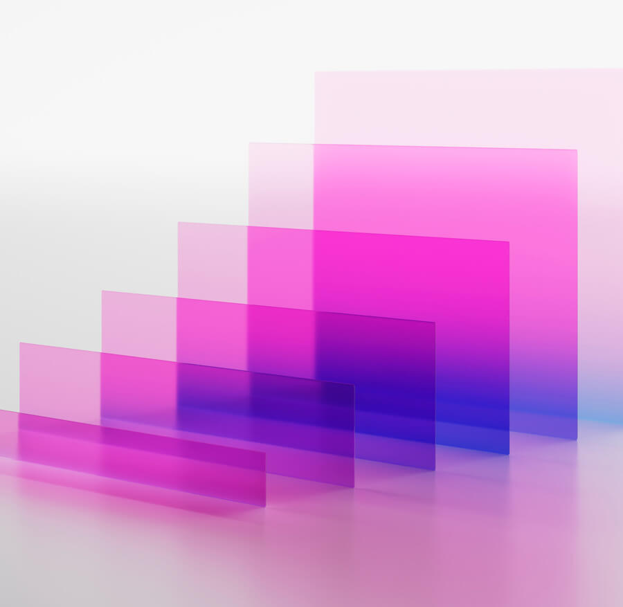 An inline graphic illustrating multi-layered fraud protection in market research. The image features a row of translucent rectangular glass panels increasing in size against a bright background, with gradient hues shifting from bright pink to deep purple and blue to visually represent sequential security checks and data verification filters.