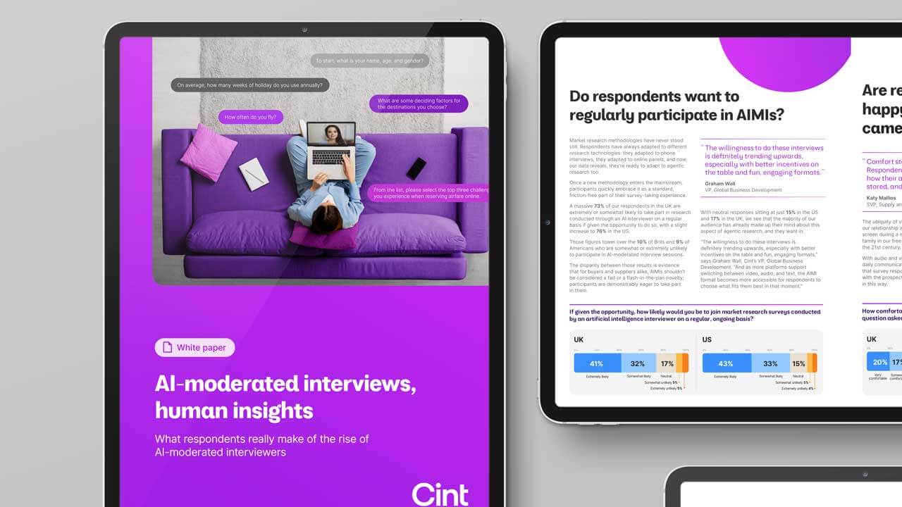 Two tablets displaying the Cint report titled "AI-moderated interviews, human insights," showcasing a bold purple cover design on the left screen and internal research pages with data charts on the right screen.