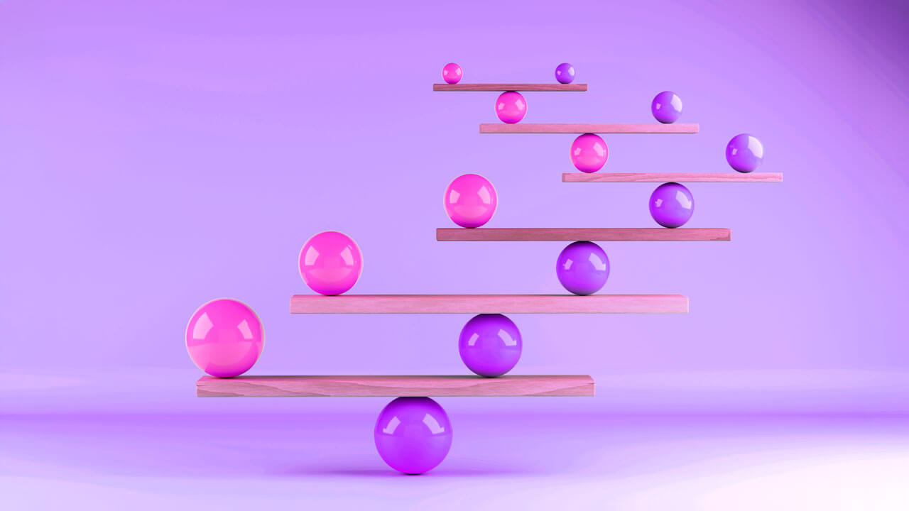 A 3D abstract illustration on a purple background showing a complex tower of wooden planks delicately balanced on glossy pink and purple spheres. The image visually symbolizes structural equilibrium and the harmonization of qualitative depth with quantitative scale through AI-moderated interviews.