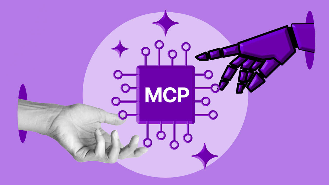 Conceptual graphic representing Model Context Protocol (MCP) architecture, showing human user interaction and AI system integration surrounding a central processor core.