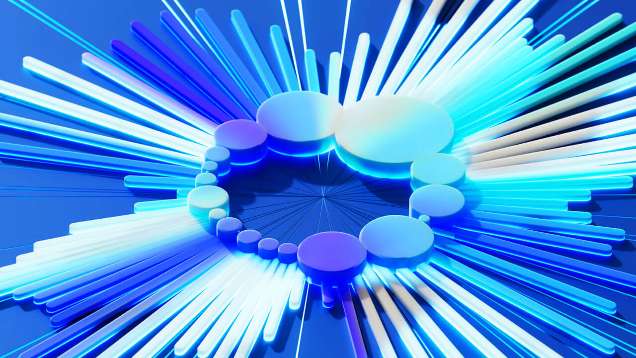 An abstract digital graphic of glowing light rays bursting from a central circular network, representing Cint's Measurement MCP integrating AI workflows with campaign analytics.