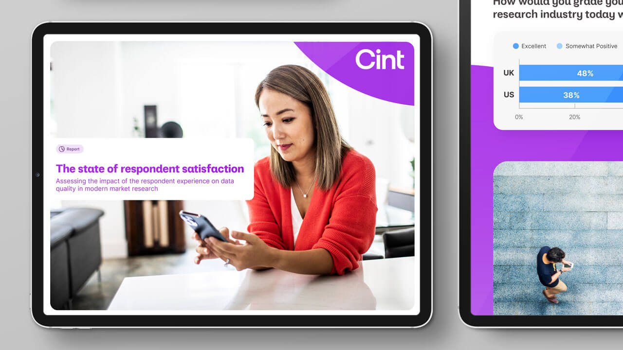 A graphic display of tablet screens showcasing Cint's research report titled "The state of respondent satisfaction: Assessing the impact of the respondent experience on data quality in modern market research." The main tablet displays a photo of a woman in a red cardigan using her smartphone at a table, flanked by a second screen displaying market survey data charts comparing US and UK responses.