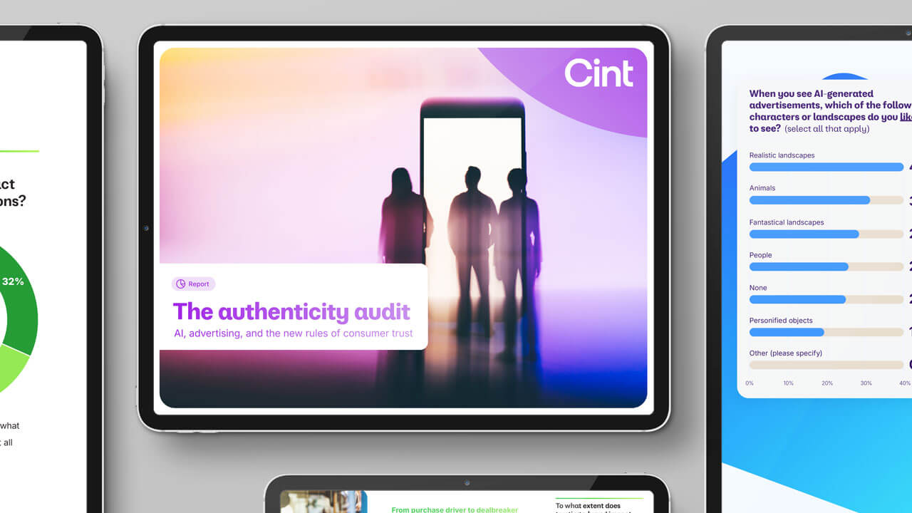 A mockup of tablet devices displaying cover slides and survey data charts for Cint's research report, "The authenticity audit: AI, advertising, and the new rules of consumer trust."