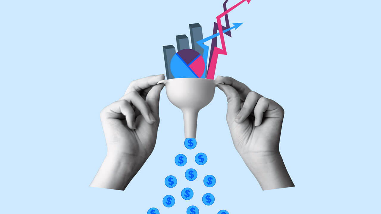 Cover graphic for a Cint blog post on measuring full-funnel outcomes with Roblox. The surreal collage image shows monochrome hands holding a white funnel filled with bar graphs, a pie chart, and upward-trending line arrows, with blue dollar sign icons flowing out from the bottom against a light blue background.